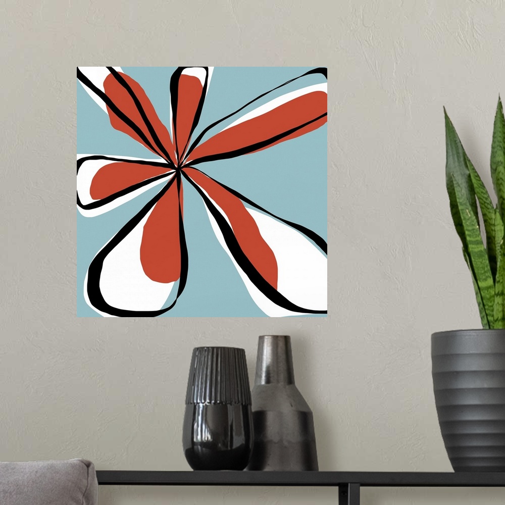 A modern room featuring A graphically fun aqua and tangerine flower designed for residential and commercial spaces. The s...