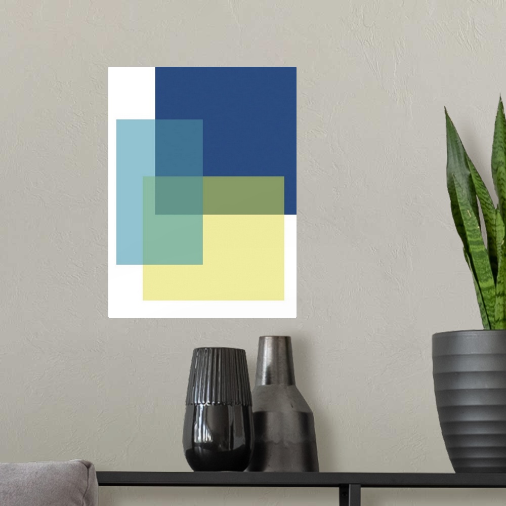 A modern room featuring Abstract geometric painting of rectangular overlapping shapes in blue and yellow on white.