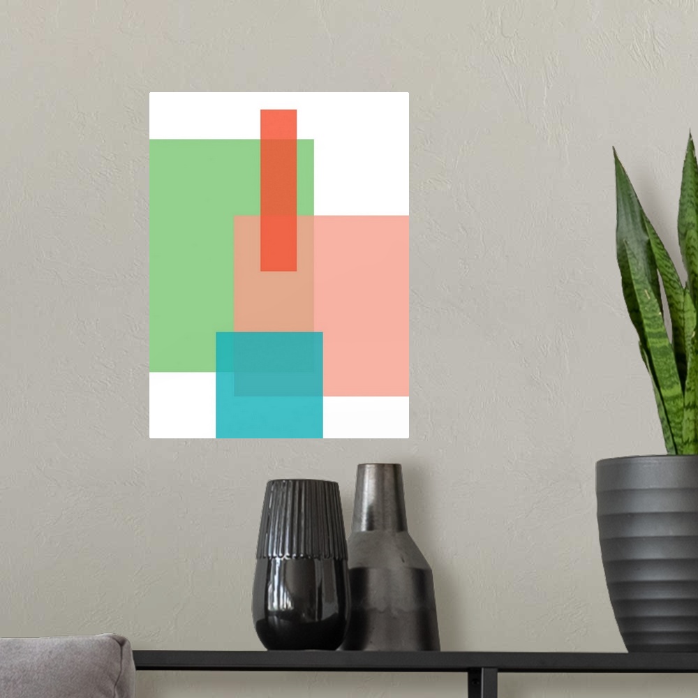 A modern room featuring Abstract geometric painting of rectangular overlapping shapes in blue, green, and pink on white.