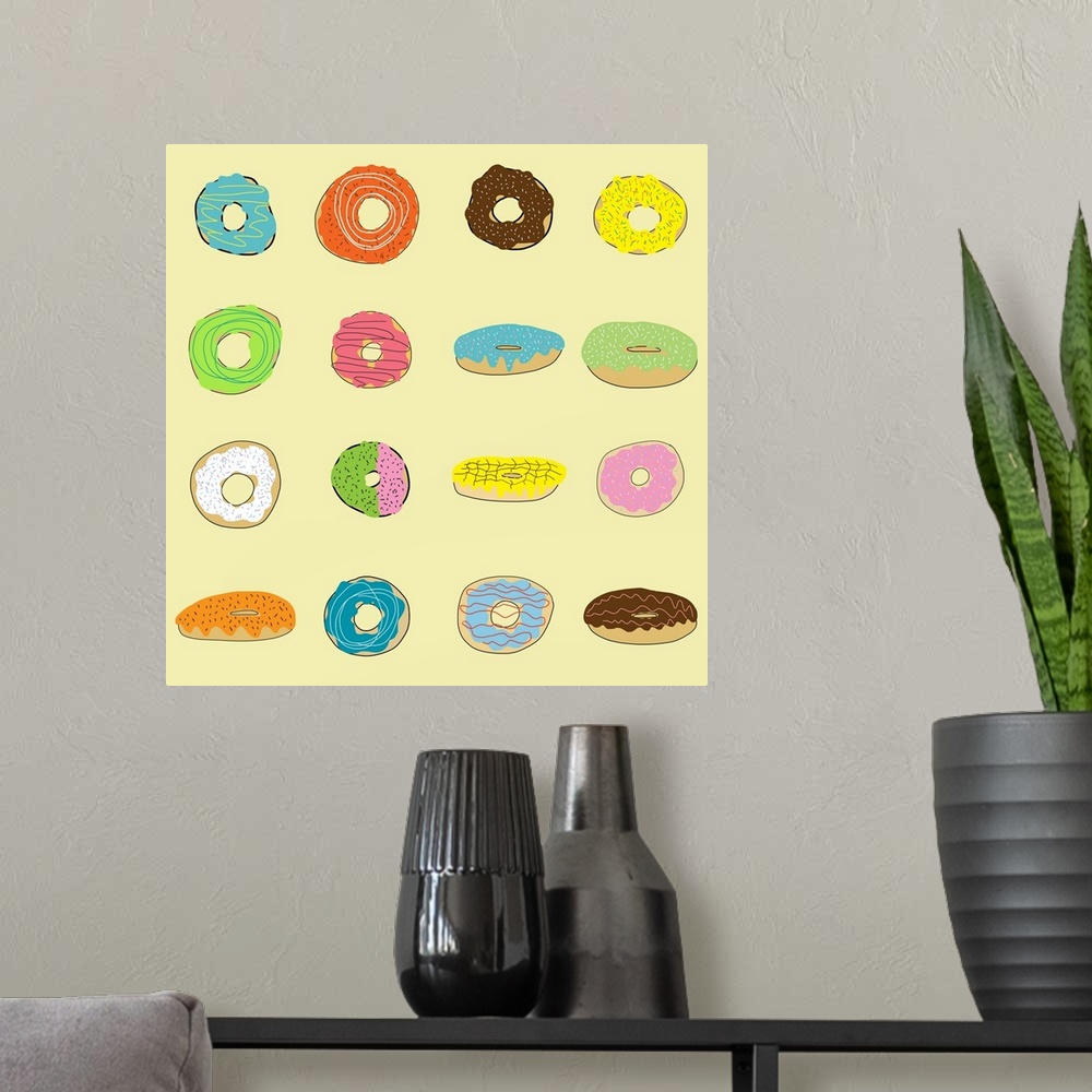 A modern room featuring Sixteen Yummy donuts in bright colors - perfect for kitchen, family room, restaurant , game room....