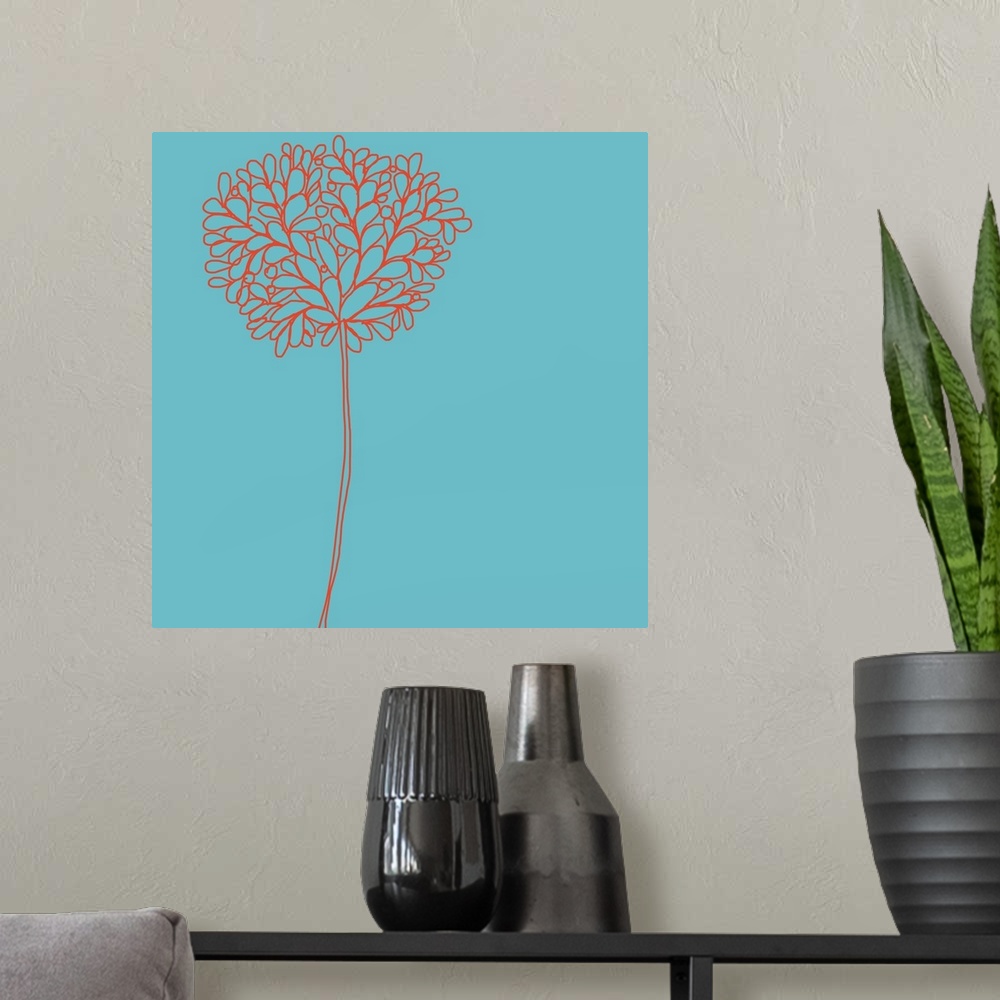 A modern room featuring A whimsical tangerine orange tree stands quietly on an aqua background.
