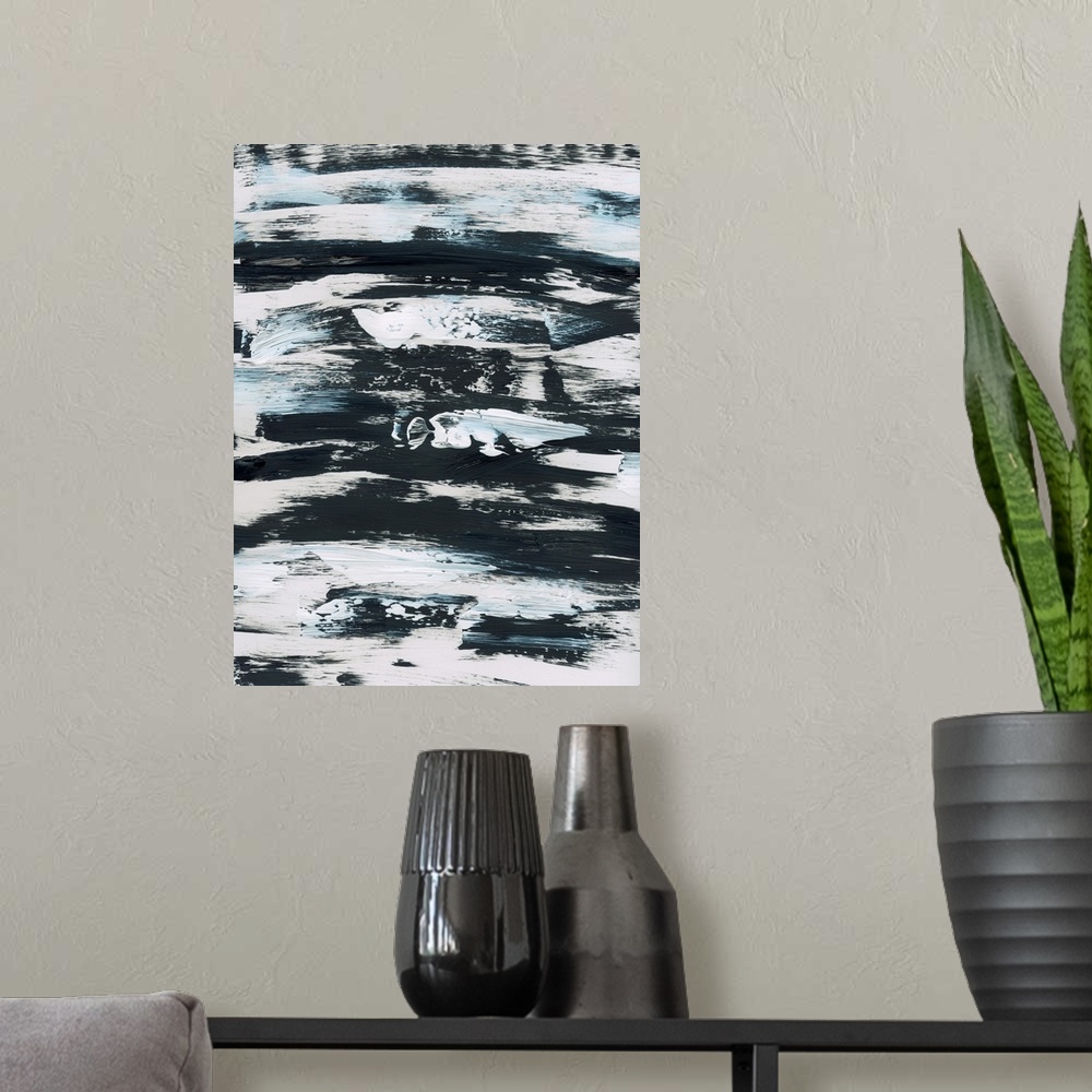A modern room featuring Vertical abstract painting of textured horizontal brush strokes in black and white with hints of ...