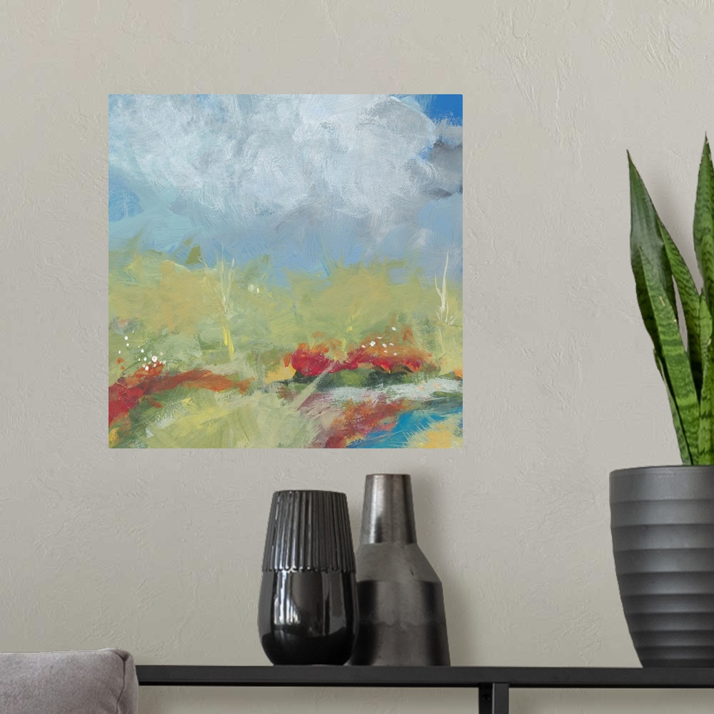 A modern room featuring an impressionistic landscape painted with acrylic on wood panel. A quiet stream meanders in the f...