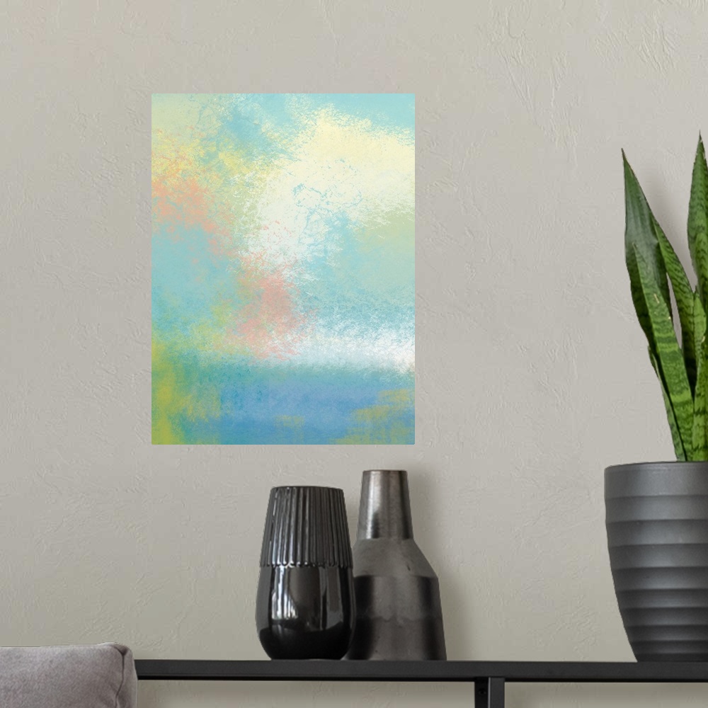 A modern room featuring Contemporary abstract art using soft pastel colors.