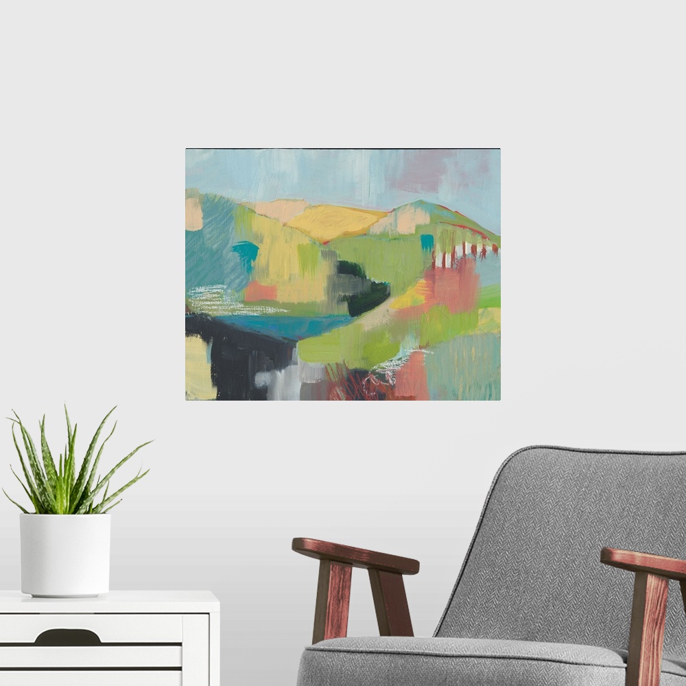 A modern room featuring Contemporary painting of a hilly pastel landscape made with patchwork-like brushstrokes.