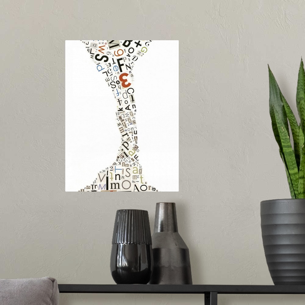 A modern room featuring Digital abstract art of magazine and newspaper letter cut outs that appear to be tumbling from th...