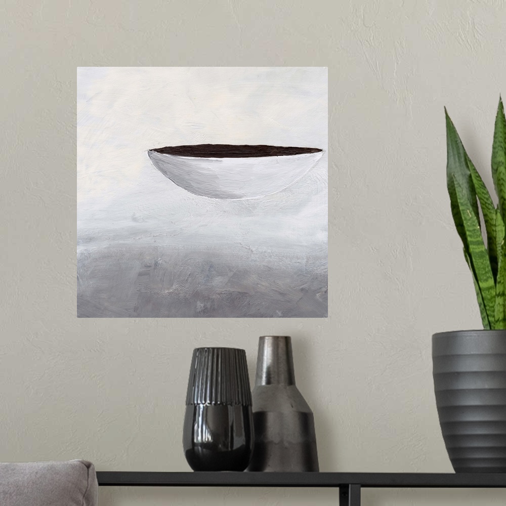 A modern room featuring A contemporary abstract painting of a bowl made up with shades of white, gray, and black.