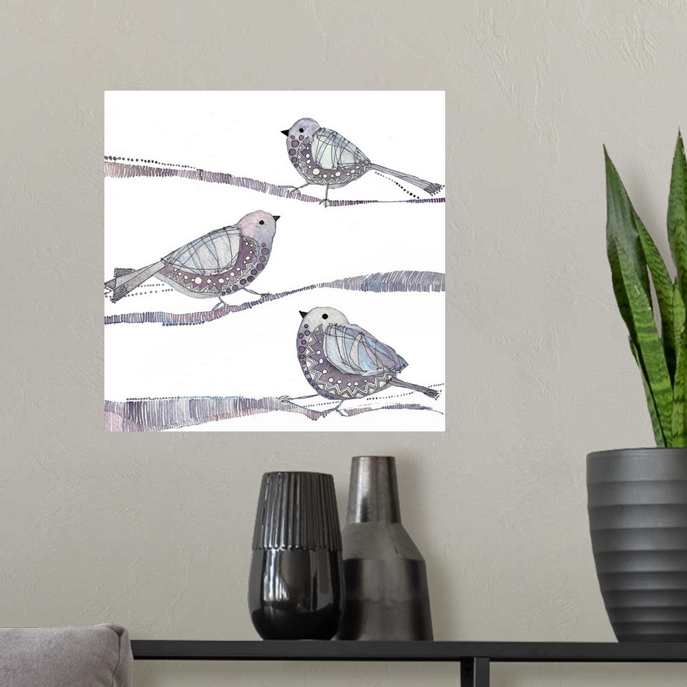 A modern room featuring Watercolor illustration of three small lavender birds on branches.