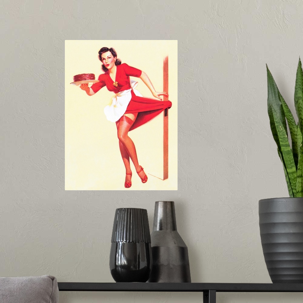 A modern room featuring Vintage 50's pin-up girl holding a cake with her dress caught on the door knob.