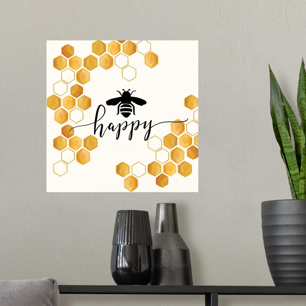 A modern room featuring Bee Happy