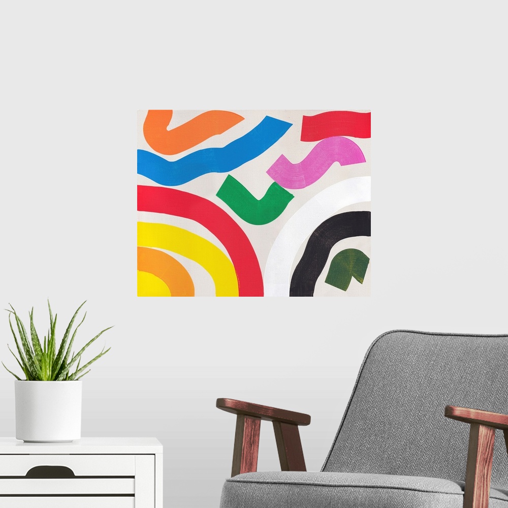A modern room featuring A bright modern abstract painting featuring squiggly lines in primary colors