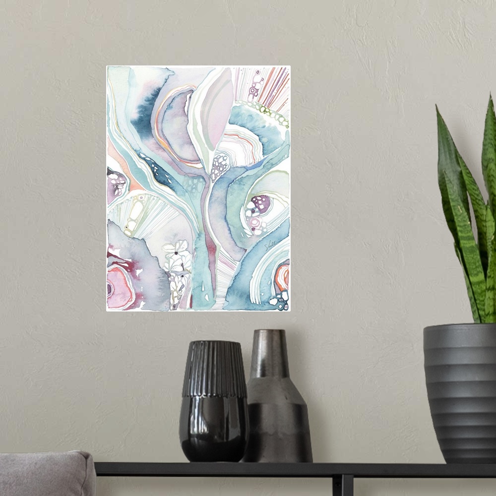A modern room featuring Abstract organic modern watercolor painting