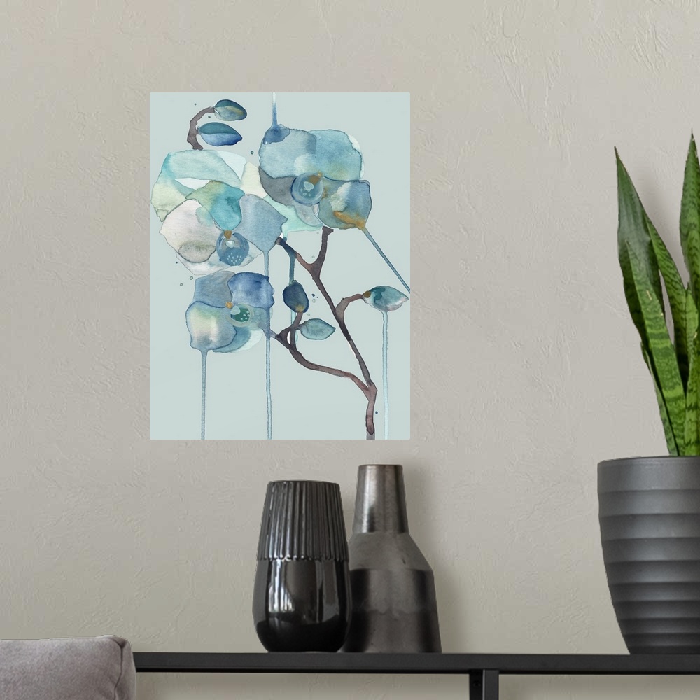 A modern room featuring Contemporary watercolor artwork of delicate blue orchid flowers on a light blue background.