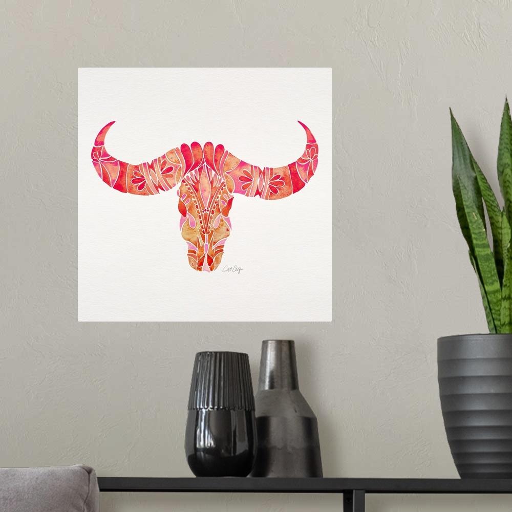 A modern room featuring Pink Water Buffalo Skull Square