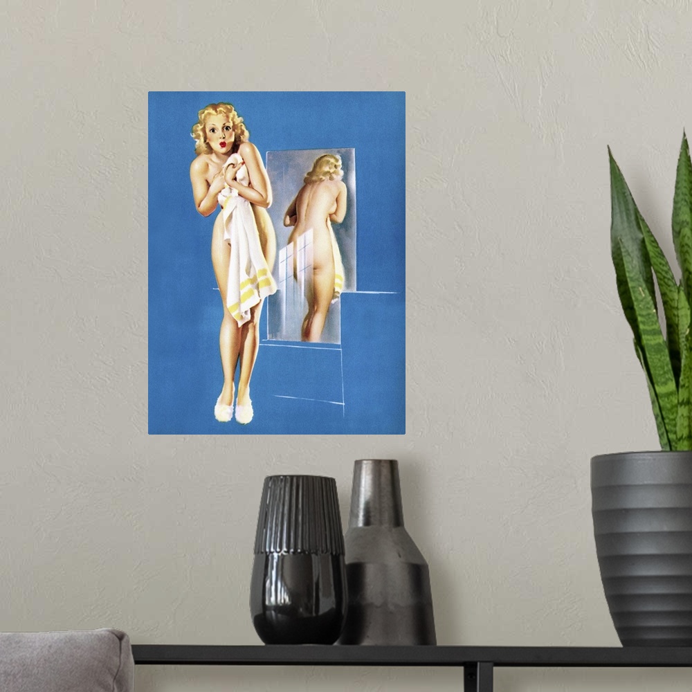 A modern room featuring Vintage 50's illustration of a young woman holding up a towel.
