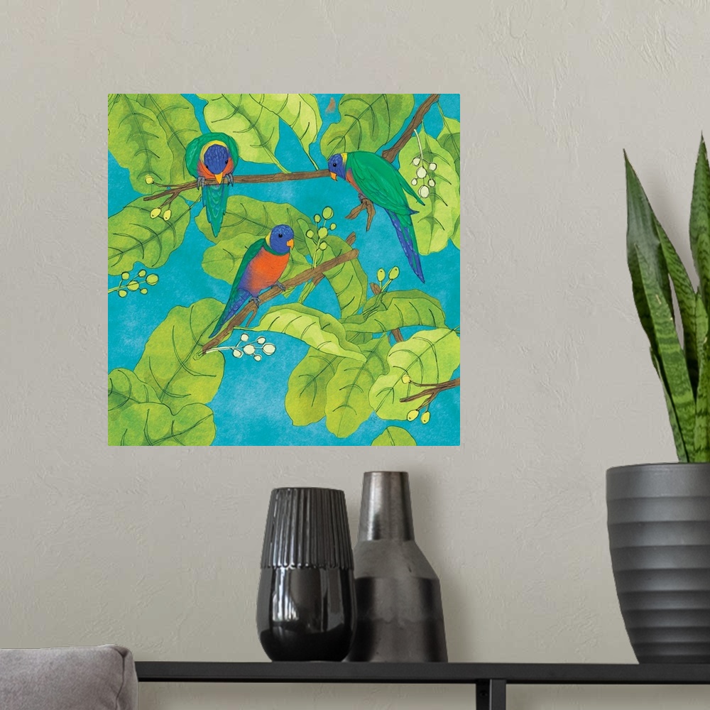 A modern room featuring Painting of three lorikeets in branches with large leaves.