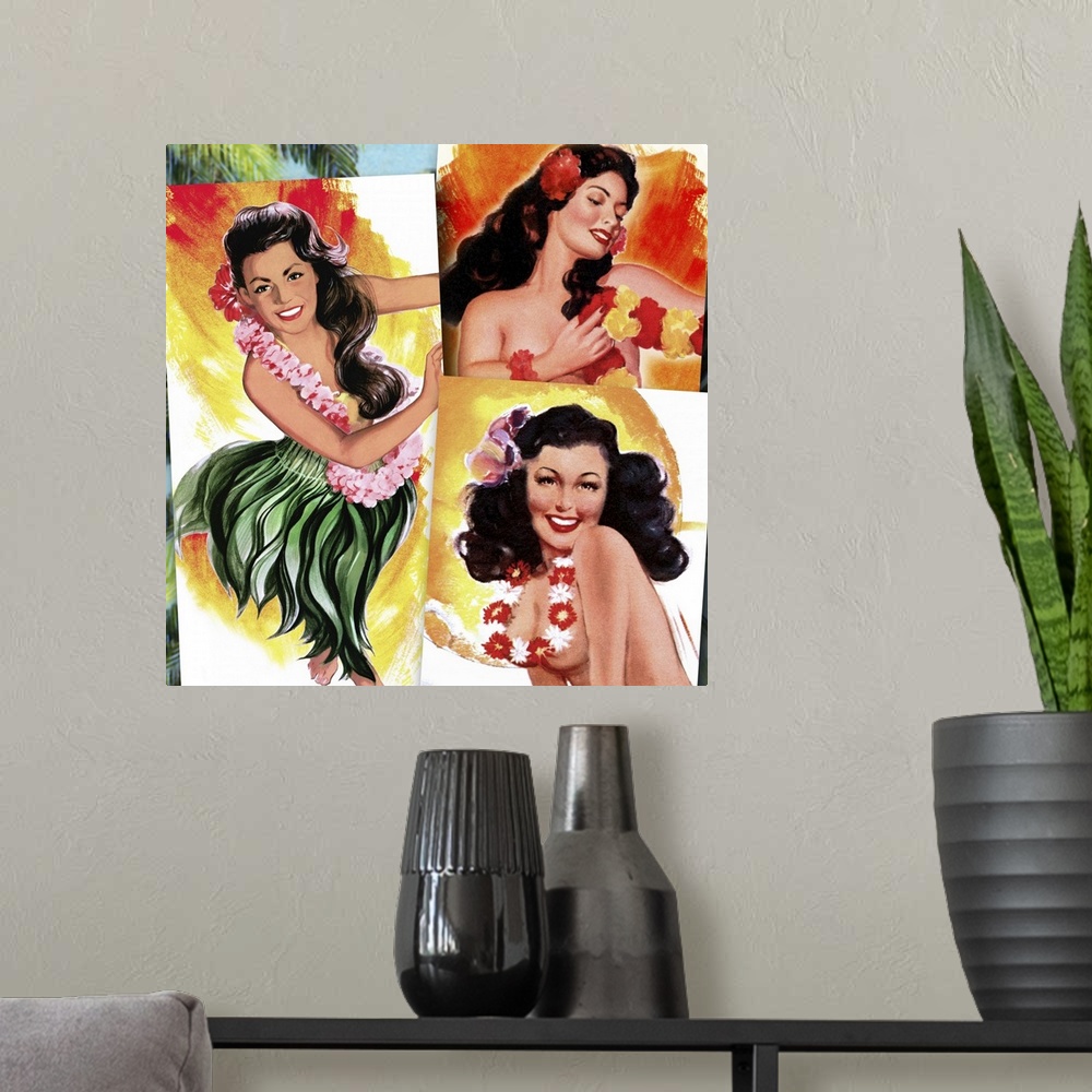 A modern room featuring Vintage 50's illustration of three young women wearing leis and grass skirts.