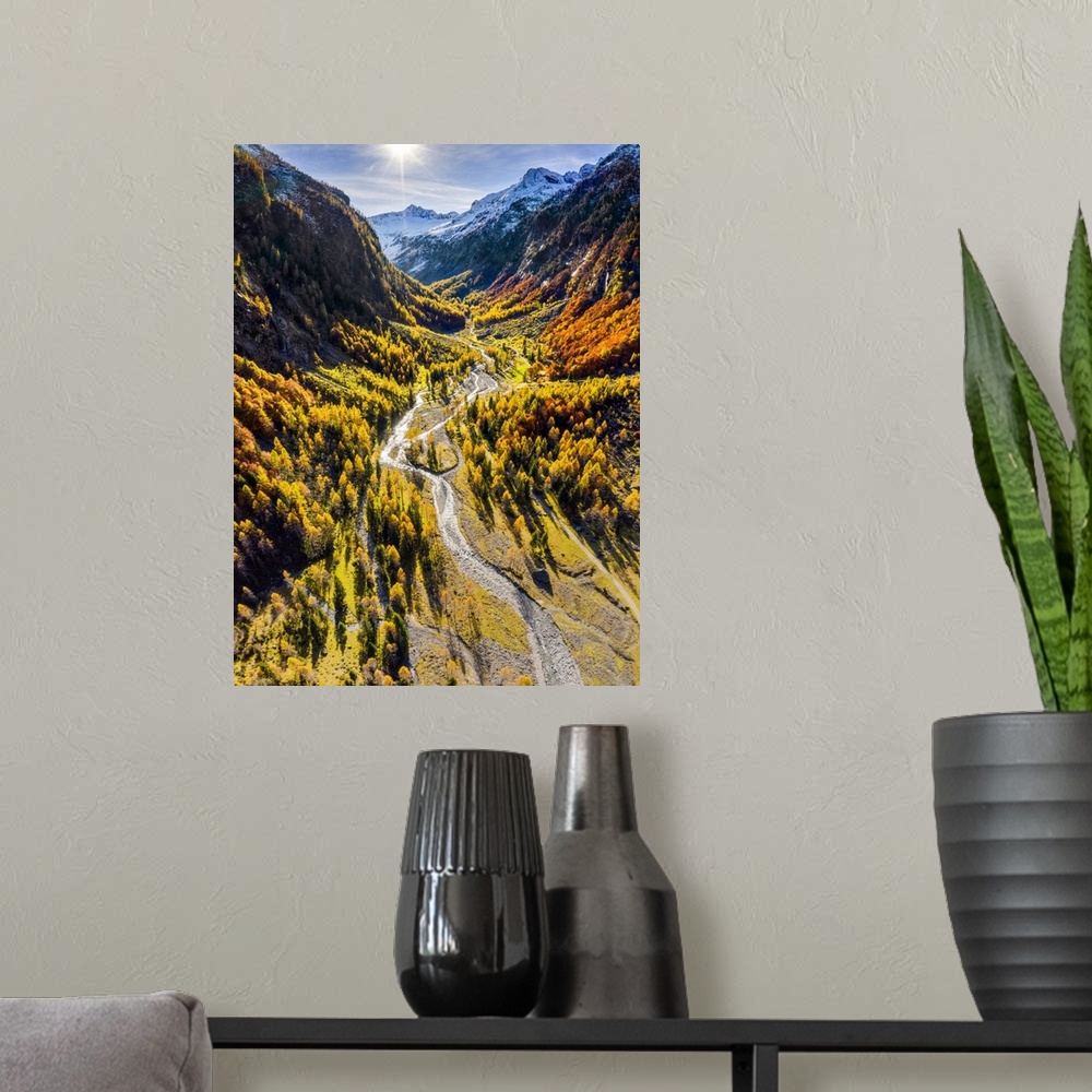 A modern room featuring Aerial view of wild torrent in autumn, Val Bodengo (Bodengo valley), Valchiavenna, Valtellina, Lo...