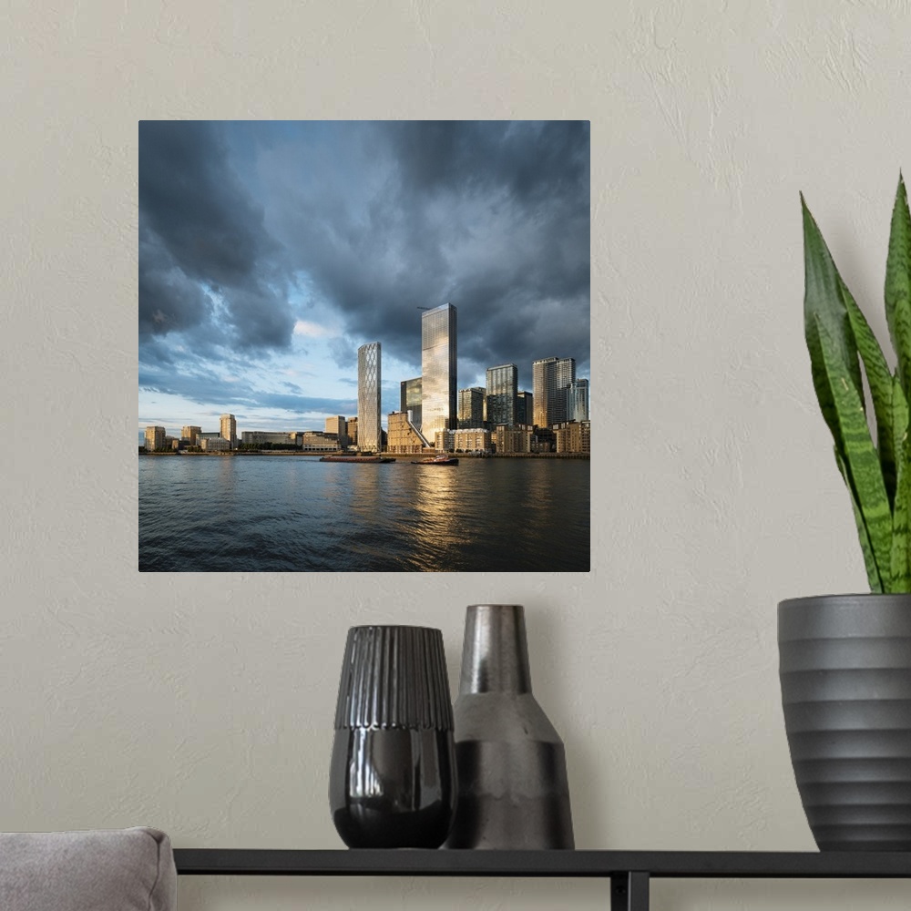 A modern room featuring Canary Wharf and River Thames, London, England, UK