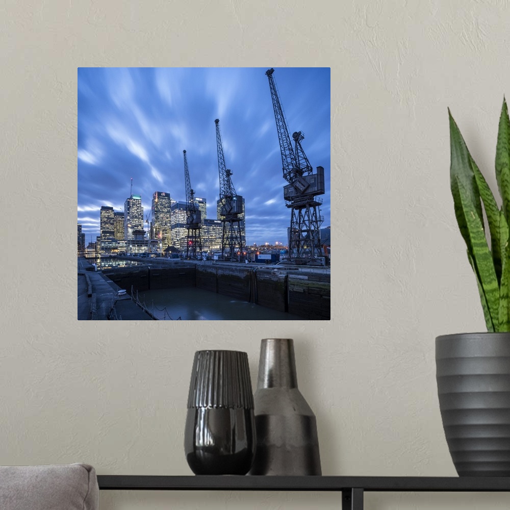 A modern room featuring Canary Wharf at dusk, London, UK