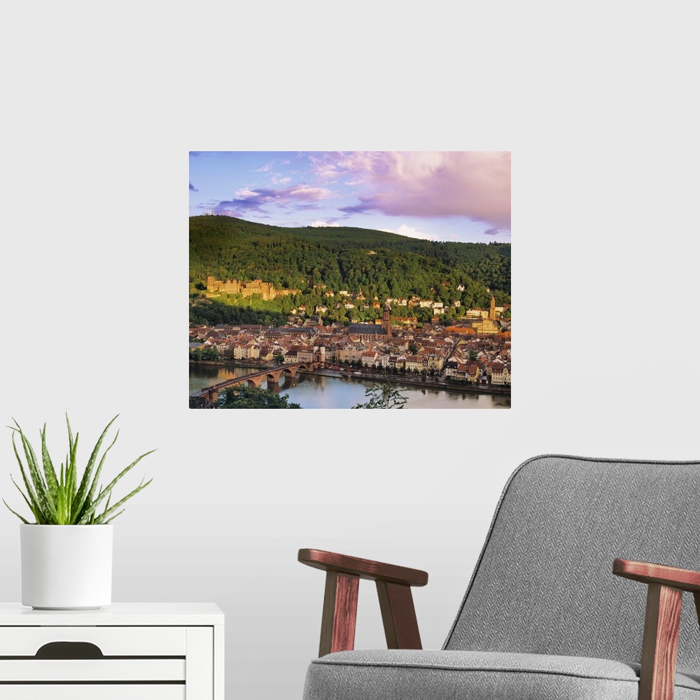 A modern room featuring Germany, Bavaria, Heidelberg; Overview of Alte Brucke and the River Neckar