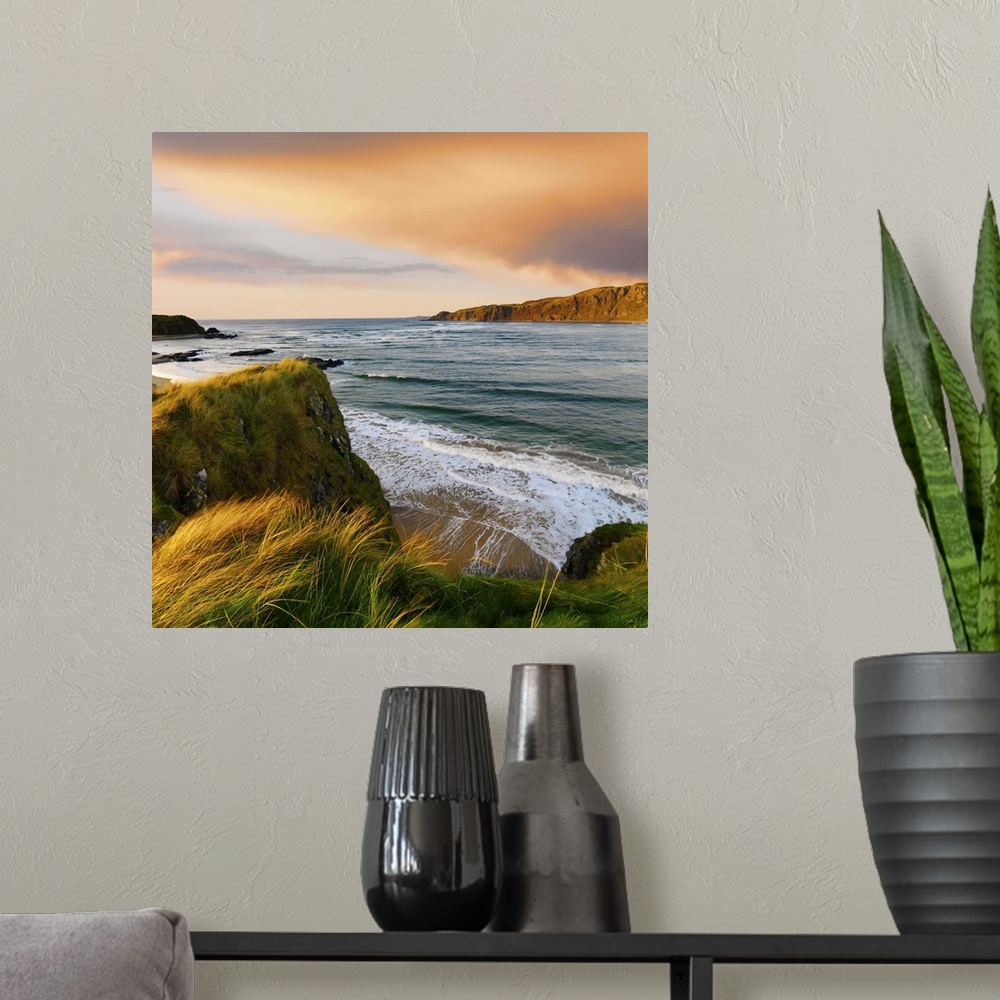 A modern room featuring Ireland, County Donegal, Inishowen, Doagh beach at dusk.