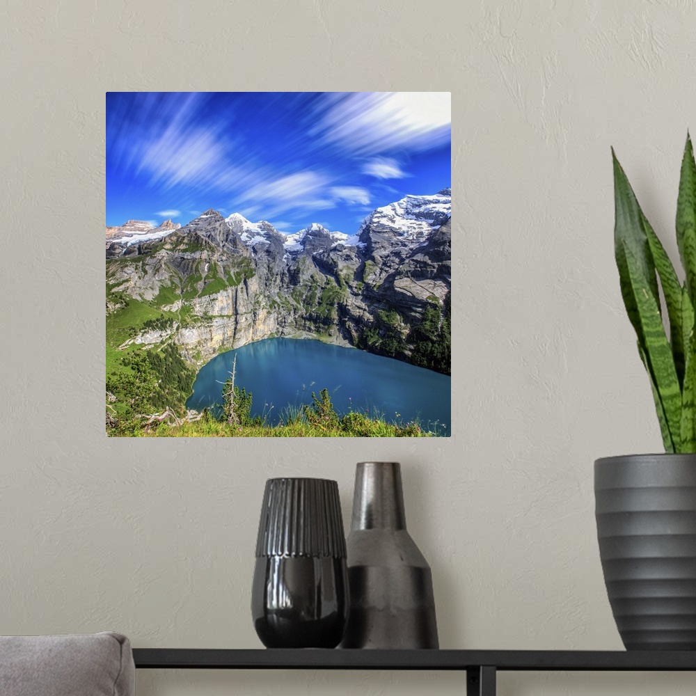 A modern room featuring Summer view of Lake Oeschinensee Bernese Oberland Kandersteg Canton of Bern Switzerland Europe.