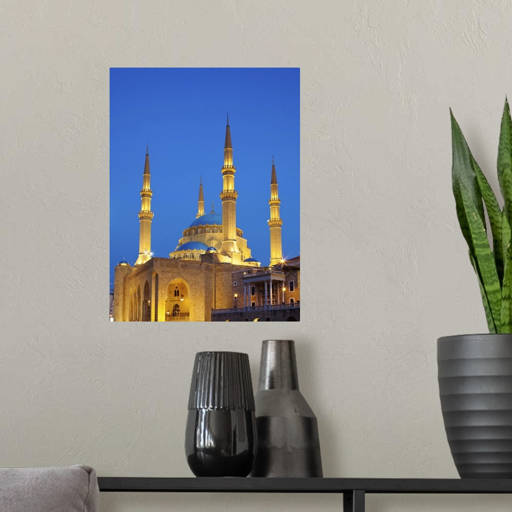A modern room featuring Lebanon, Beirut. Mohammed Al-Amin Mosque at dusk.