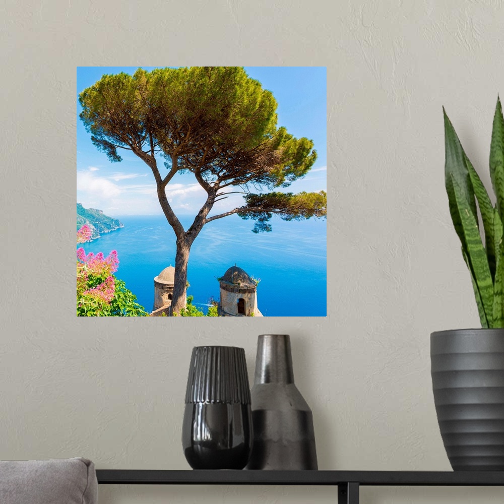 A modern room featuring Ravello, Amalfi Coast, Sorrento, Italy. View of the coastline from Villa Rufolo
