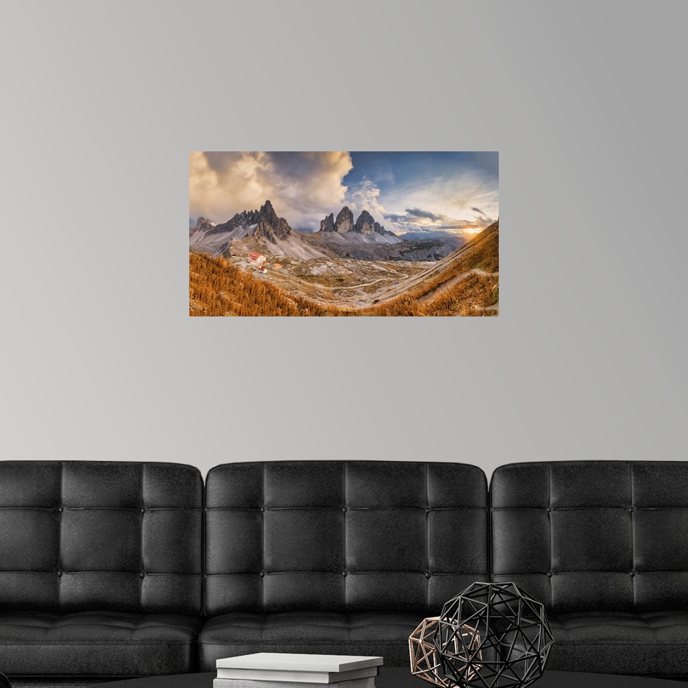 A modern room featuring Tre Cime Di Lavaredo At Sunset, Dolomites, South Tyrol, Italy