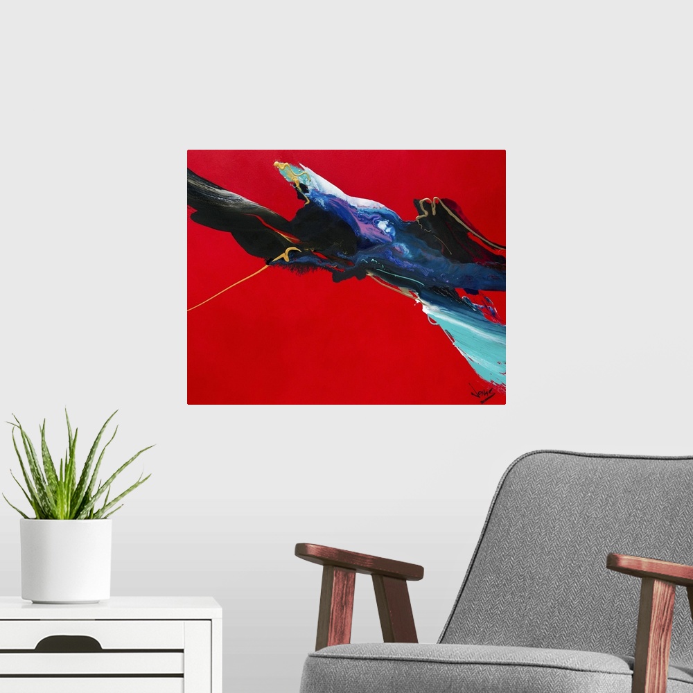 A modern room featuring Contemporary abstract painting using wild and vivid colors against a red background.