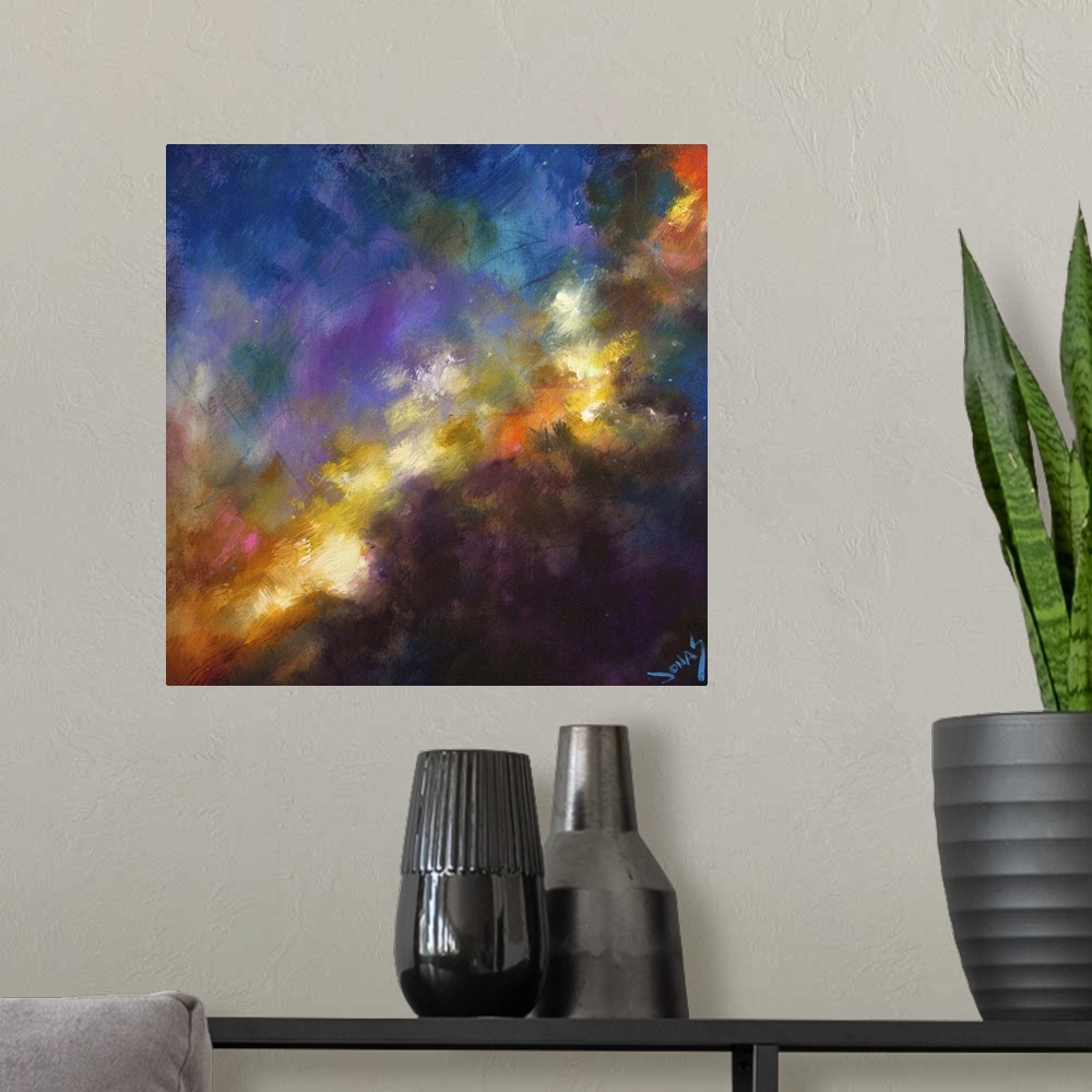 A modern room featuring Contemporary abstract painting using wild and vivid colors resembling a nebulae.