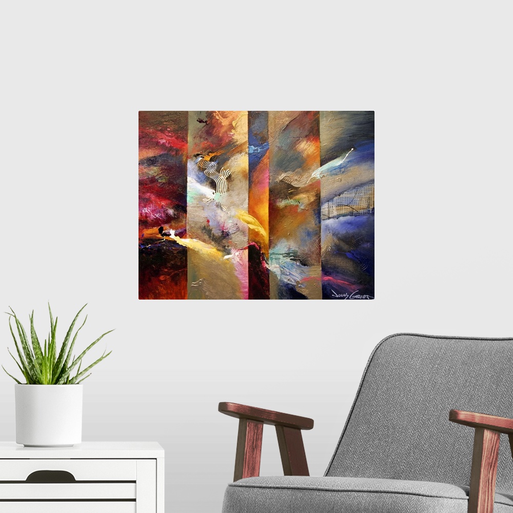 A modern room featuring Abstract art piece of several distinct panels with different colors and brushstrokes on them to c...