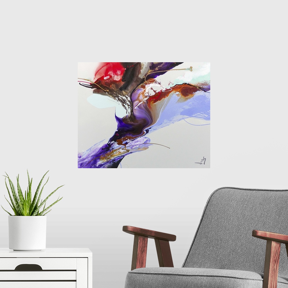A modern room featuring A contemporary abstract painting using purple and red tones in motion of fluidity against a light...