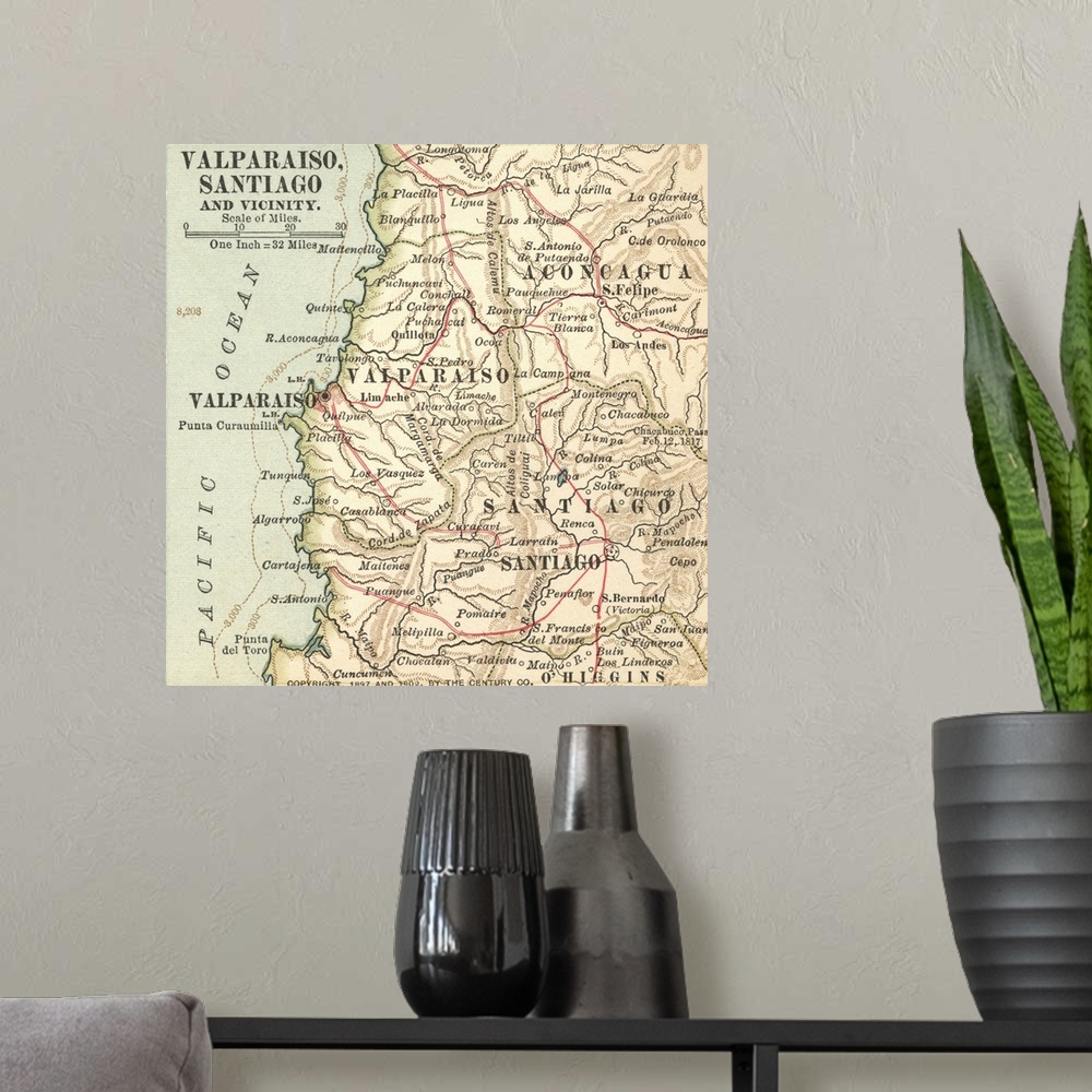 A modern room featuring Valparaiso, Santiago, and Vicinity - Vintage Map
