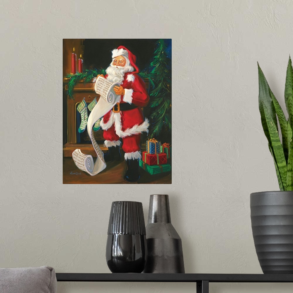 A modern room featuring Painting of Santa reading a very long list.