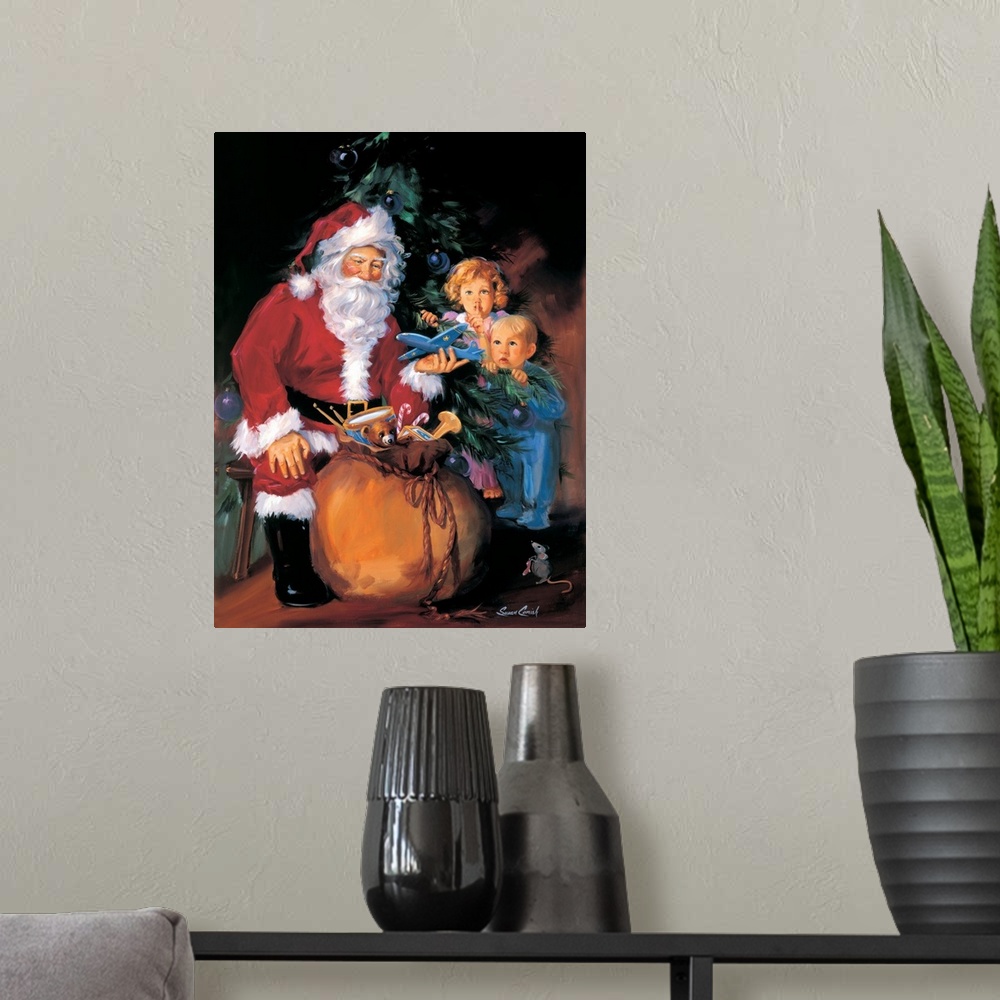 A modern room featuring Painting of Santa handing out toys to two children.
