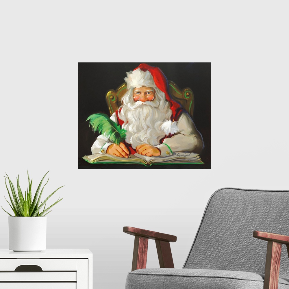 A modern room featuring Painting of Santa writing with a green feathered pen.