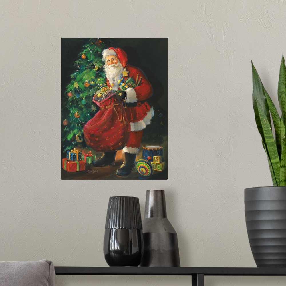 A modern room featuring Painting of Santa putting toys under a Christmas tree.