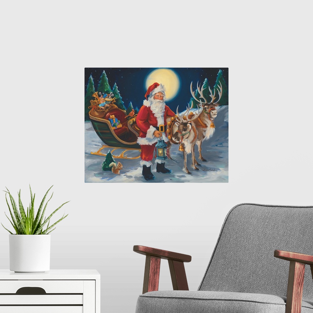 A modern room featuring Painting of Santa Claus holding a lantern and standing by his sleigh with reindeer.