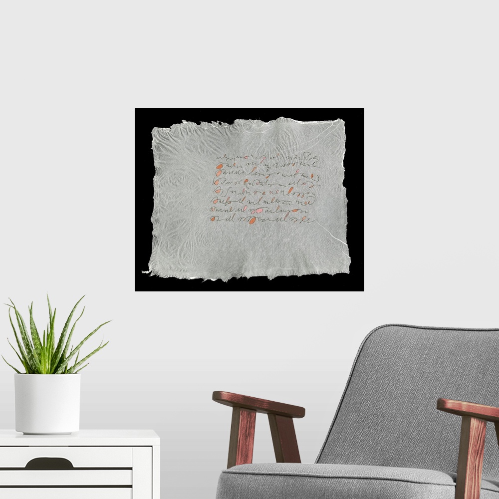 A modern room featuring Lines evoking handwriting set in a block on a sheet of handmade paper.