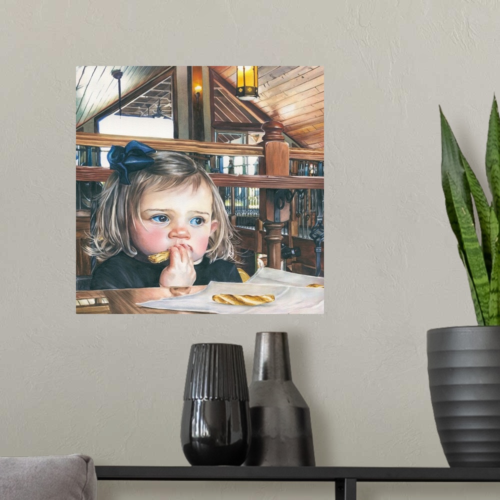 A modern room featuring A watercolor contemporary painting of a small child sitting at a table to eat.