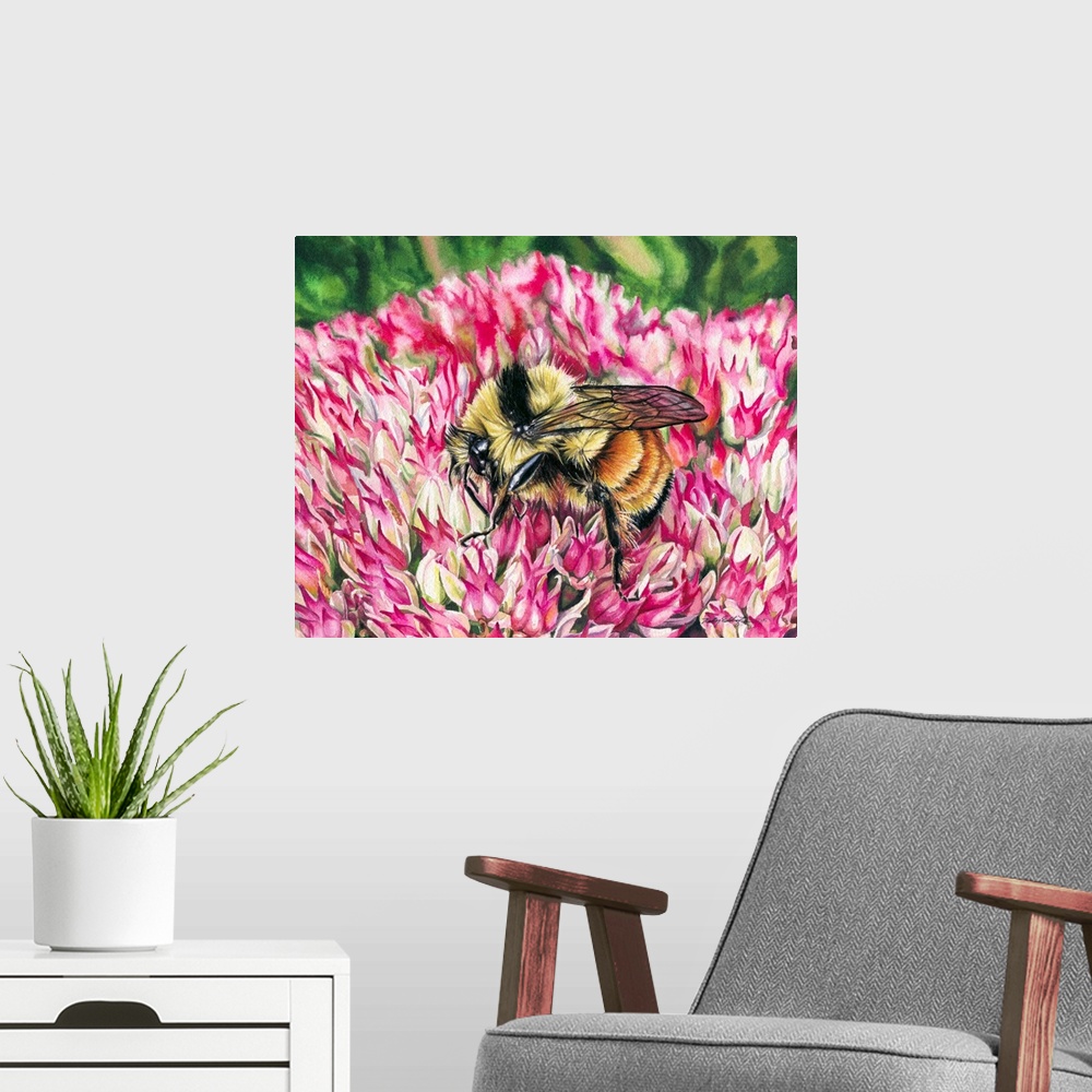 A modern room featuring A horizontal watercolor painting of a bee inspecting a pink flower.