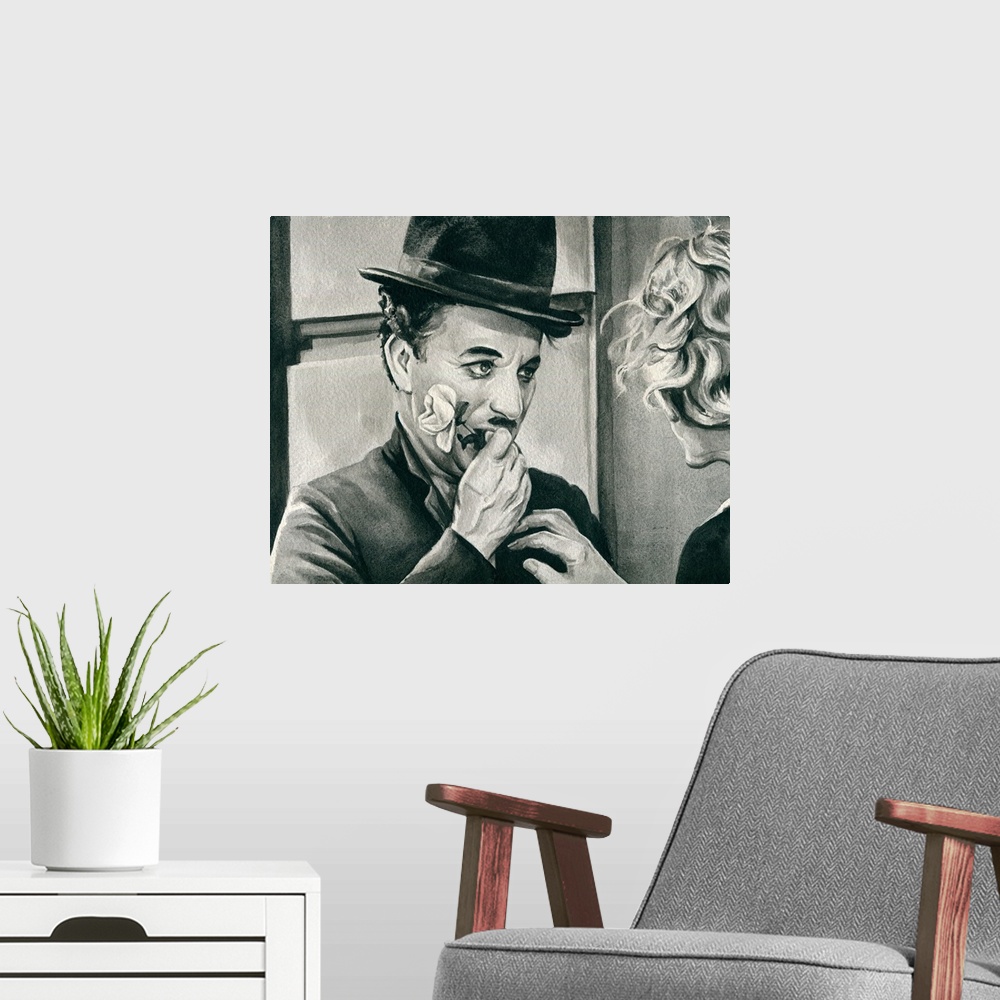A modern room featuring A monochromatic watercolor of Charlie Chaplin.