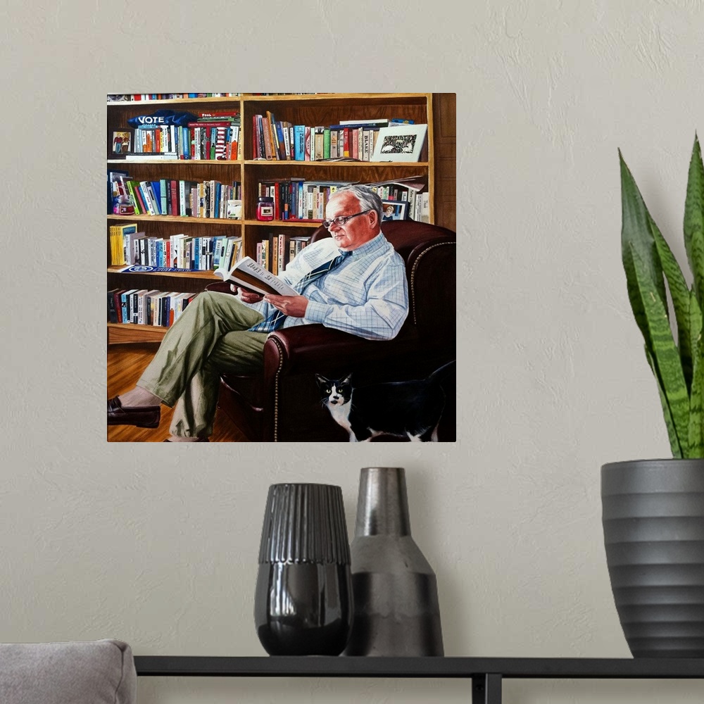 A modern room featuring A contemporary watercolor painting of an associate professor of education at Culver-Stockton Coll...