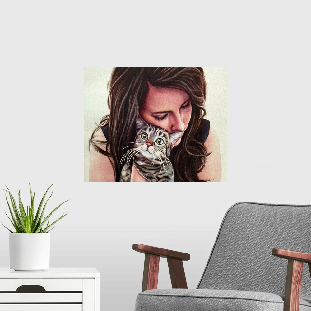 A modern room featuring Contemporary watercolor painting of a woman hugging her cat.