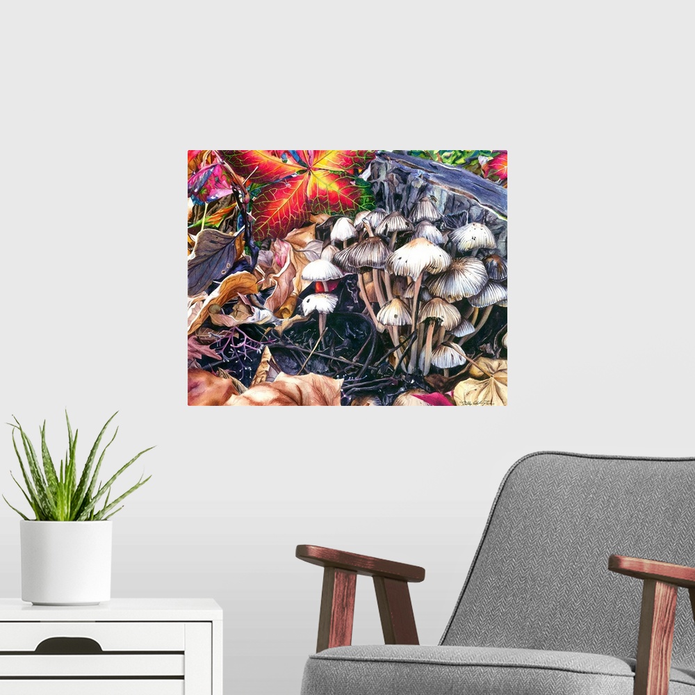 A modern room featuring A contemporary watercolor painting of a group of mushrooms that were recently covered from beneat...