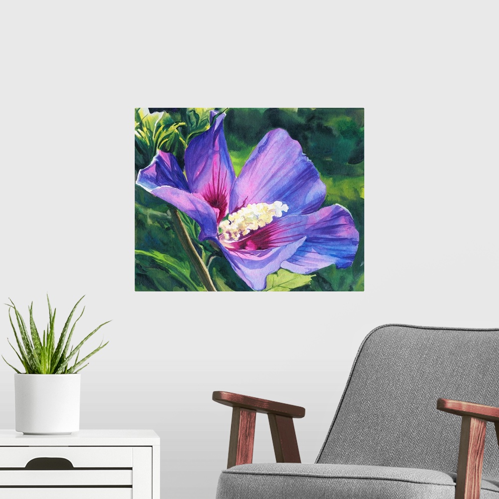 A modern room featuring Horizontal watercolor painting of a Rose of Sharon.
