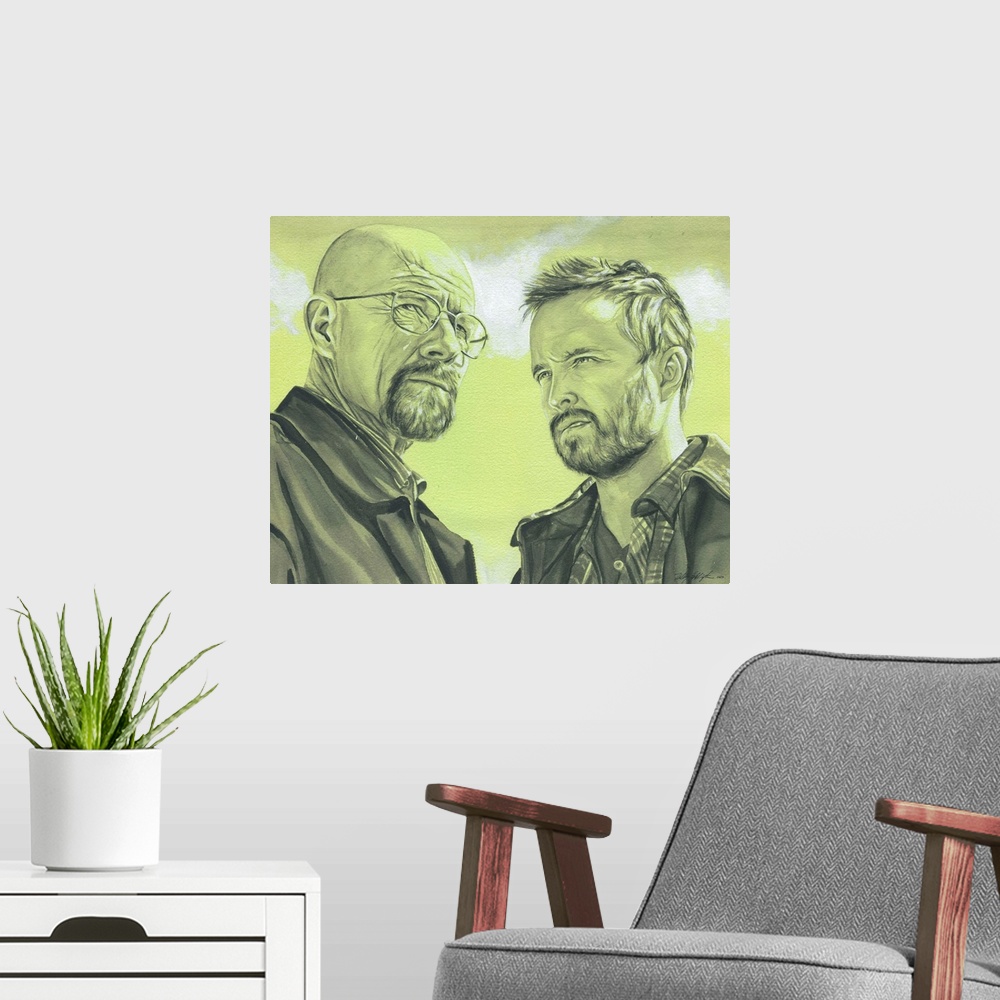A modern room featuring Walter and Jesse from Breaking Bad.  The original version of this painting is black watercolor an...