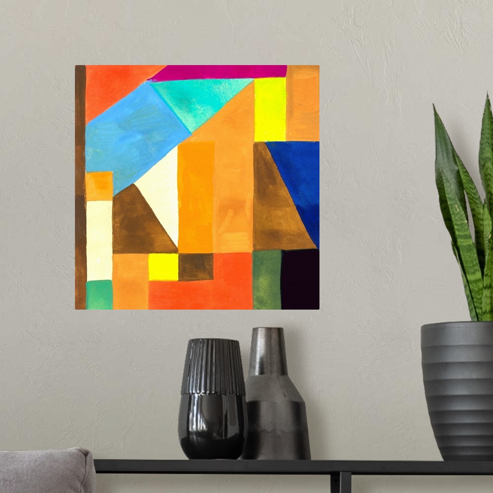 A modern room featuring Abstract painting of a variety of angular shapes in bright colors constructed together.